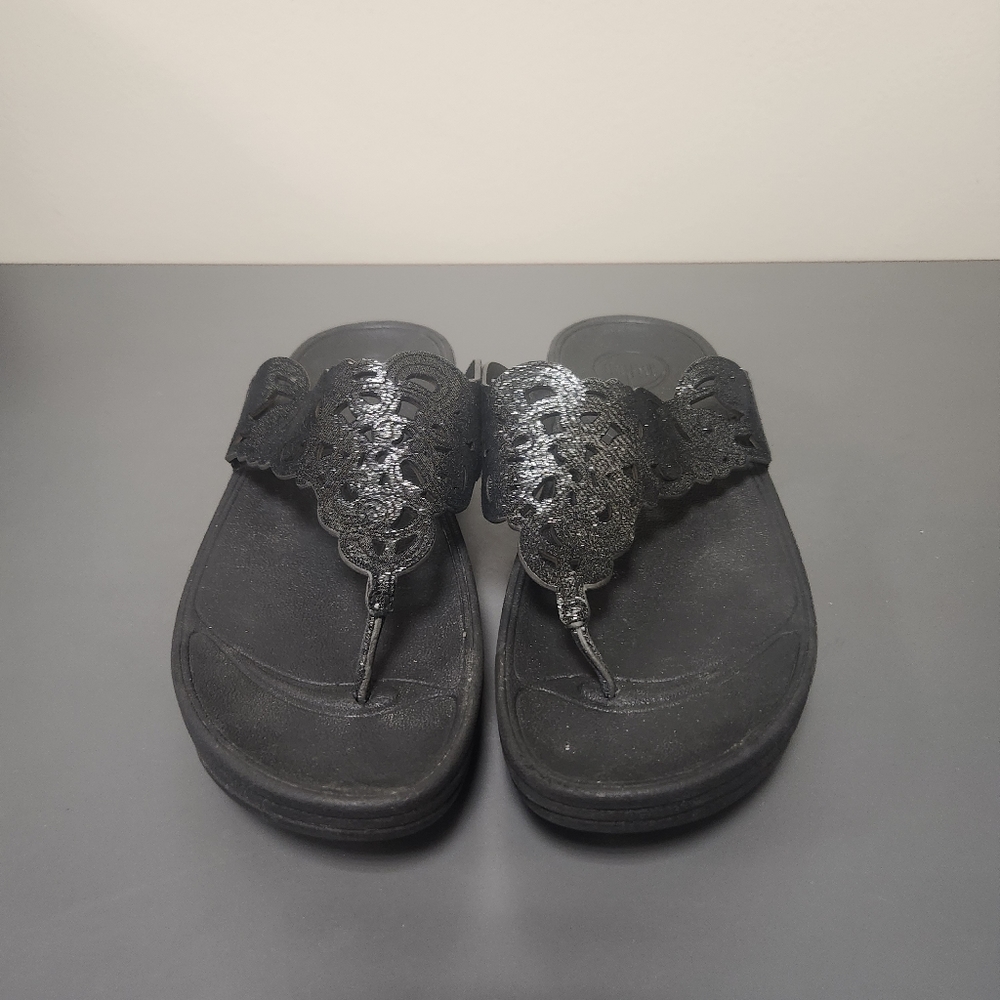 Fitflop Flora Black Glittery Thong Sandals Womens Size 9